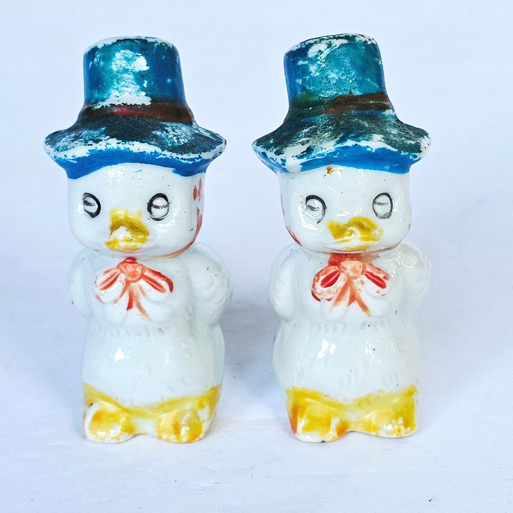 Vintage Ceramic Duck Figurines with Top Hats Blue White Kitsch Decor Set of 2
